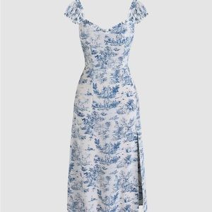 Cider Toile de Jouy Ruffle Trim Slit Midi Dress NWT